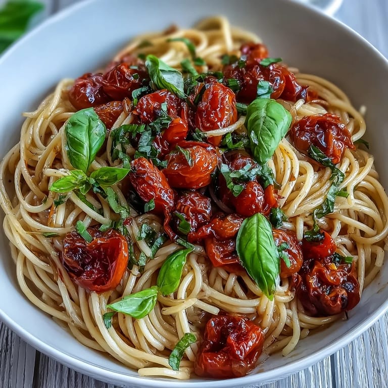 Tender slow-roasted tomatoes elevate this garlic oil pasta dish beautifully.