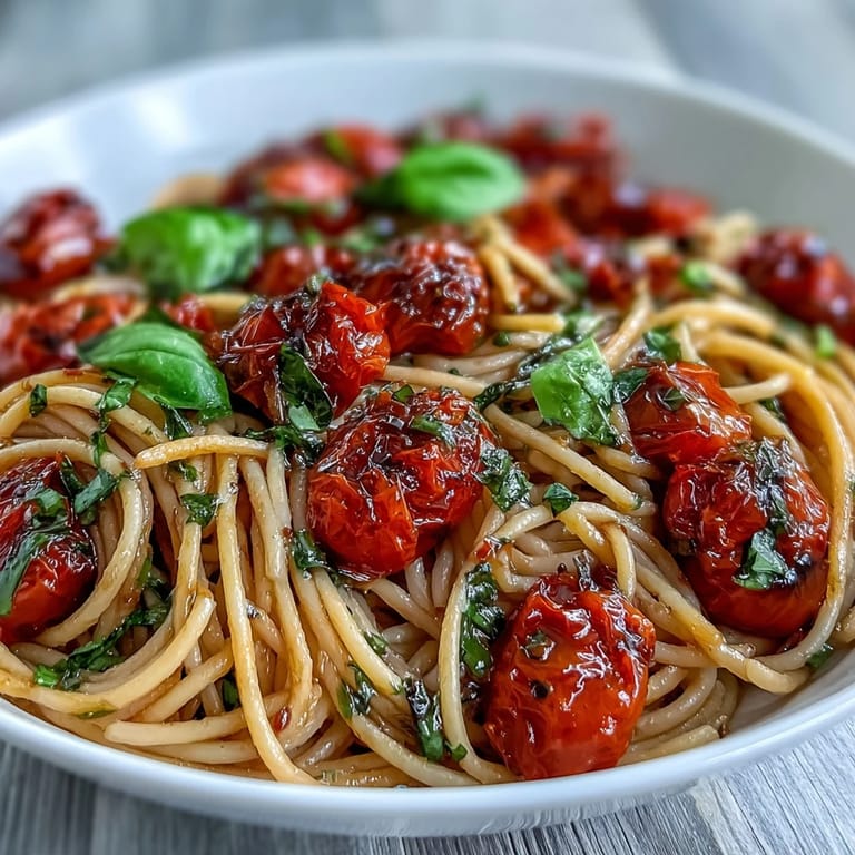 Pasta with sweet cherry tomato confit and fragrant basil, ready to serve.