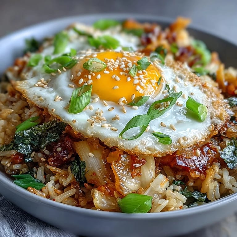 Perfect bowl of quick kimchi fried rice, vibrant and satisfying, with tender toppings.