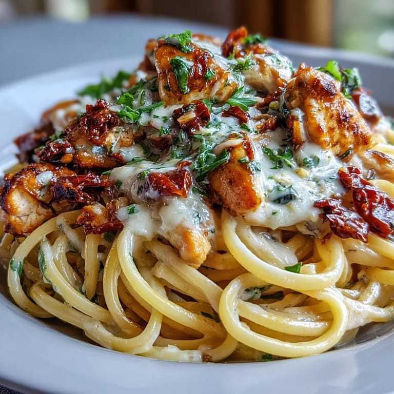 Delectable Marry Me Chicken Pasta, topped with fresh basil, ready to serve.
