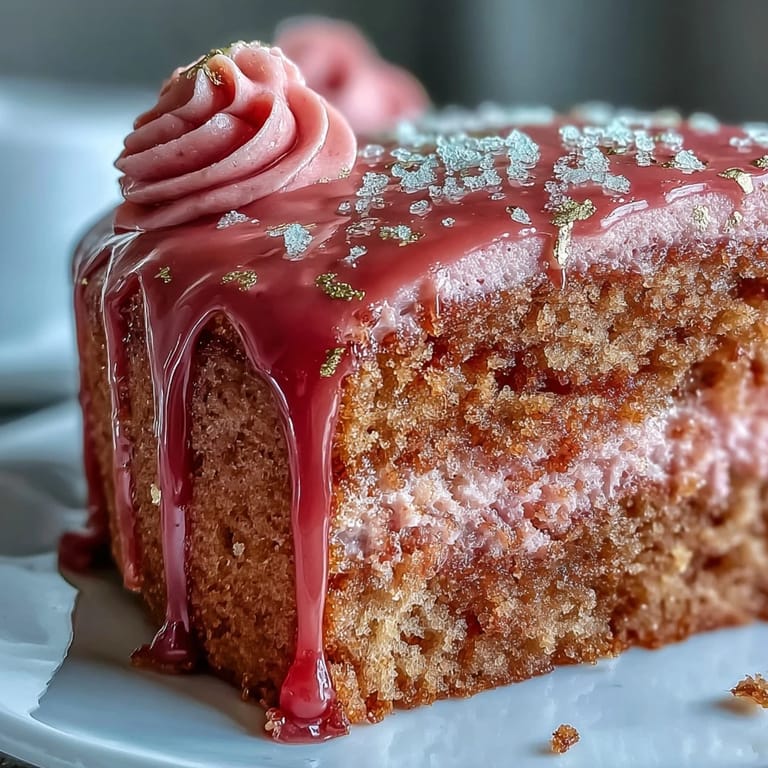 Showstopping Bridal Shower Rosé Velvet Cake, featuring a stunning edible gold cascade.