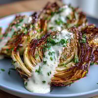 Golden-brown roasted cabbage wedges with crispy edges are arranged on a platter, drizzled with creamy tahini sauce and sprinkled with fresh parsley and toasted sesame seeds.  