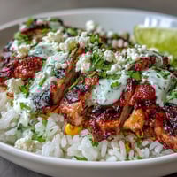 Fork-tender citrus-marinated chicken thighs top fluffy rice and smoky charred corn for a vibrant Street Corn Chicken and Rice Bowl. 