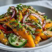 Bright, juicy mango strips, red bell pepper, cucumber, and red onion tossed in a tangy lime-honey dressing with cilantro and chilies.