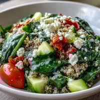Fork tender spinach and crumbled feta cheese garnish this wholesome Spinach and Feta Grain Bowl, served with vibrant red bell peppers and a zesty lemon dressing.