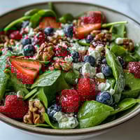 Vibrant baby spinach and fresh mixed berries tossed with creamy goat cheese and crunchy toasted walnuts, drizzled with tangy homemade balsamic vinaigrette for a light lunch.
