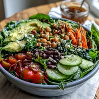 Fresh Mixed Greens Power Bowl topped with colorful cherry tomatoes, cucumber, and sliced avocado.