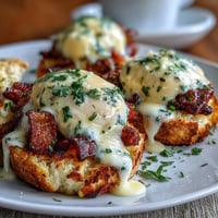 Fluffy poached eggs with Canadian bacon and creamy hollandaise sauce on toasted English muffins, perfect for brunch or special occasions.