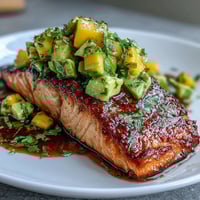 Baked salmon with mango avocado salsa, tender and flaky, topped with a vibrant, zesty tropical fruit relish.