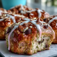 Soft, spiced hot cross buns with currants, glistening under a sweet orange glaze, ready for Easter brunch.