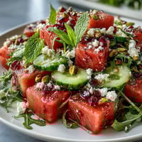 A vibrant Watermelon and Arugula Salad with juicy cubes, peppery greens, and creamy feta in zesty lime dressing.