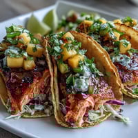 Grilled salmon tacos with mango salsa, a vibrant and fresh summer dinner option.  