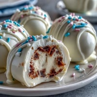 White chocolate peanut butter Easter eggs with sprinkles, creamy peanut butter filling coated in smooth white chocolate and colorful festive sprinkles.