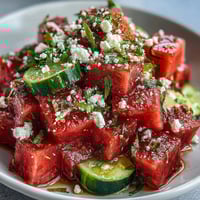 A vibrant watermelon cucumber salad with Tajin and lime, showcasing juicy red melon and fresh green cucumber slices.  
