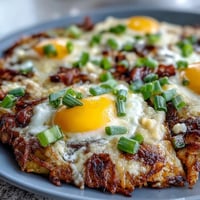 Loaded hash brown skillet with crispy bacon, melty cheese, and runny eggs.