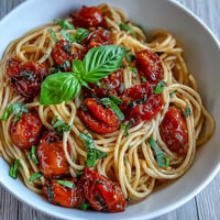 Vibrant cherry tomato confit pasta bathing in rich, garlicky olive oil.
